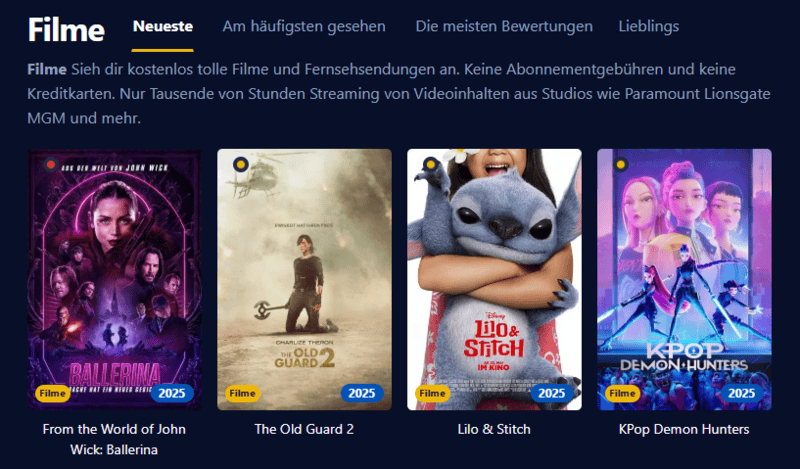 Screenshot der Filmpalast Benutzeroberfläche die diverse Filmtitel und Serienfolgen darstellt